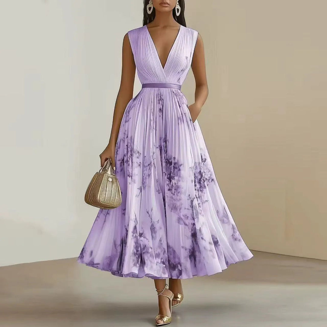 Elena | Elegant Blue V - Neck Pleated Floral Maxi Dress - Purple - 3