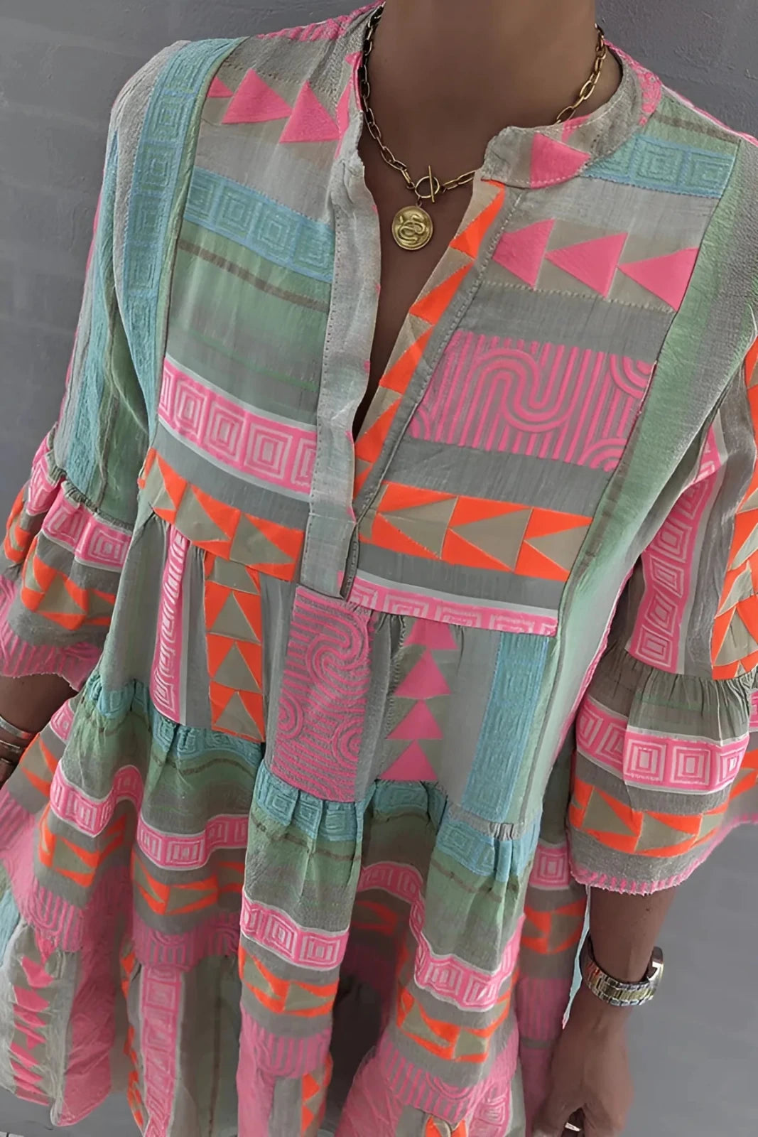Amelia | Bohemian Geometric Print Tiered Bell Sleeve Beach Dress - Multicolor - 2