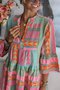 Maya | Bohemian Geometric Tiered Beach Dress with Bell Sleeves