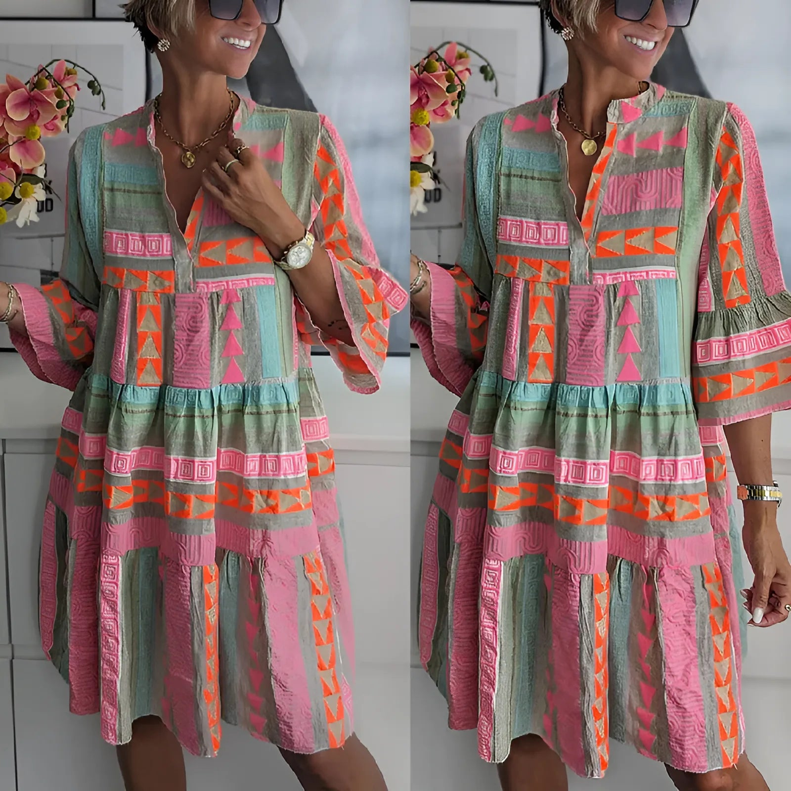 Maya | Bohemian Geometric Tiered Beach Dress with Bell Sleeves - Multicolor - 4