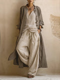 Women's Linen Three-Piece Set — Pearl Bohemian Duster Wide-Leg
