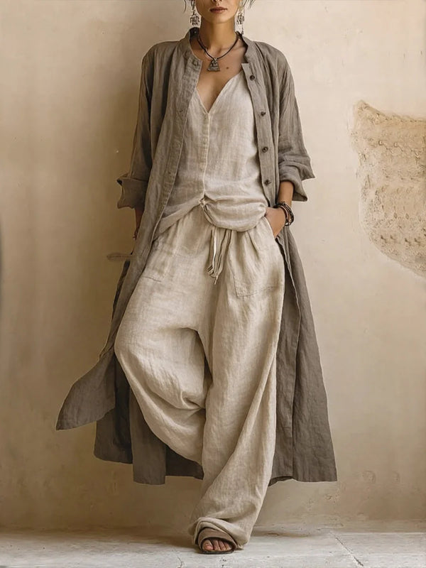 Beige Women's Linen Three-Piece Set — Pearl Bohemian Duster Wide-Leg - Front Full