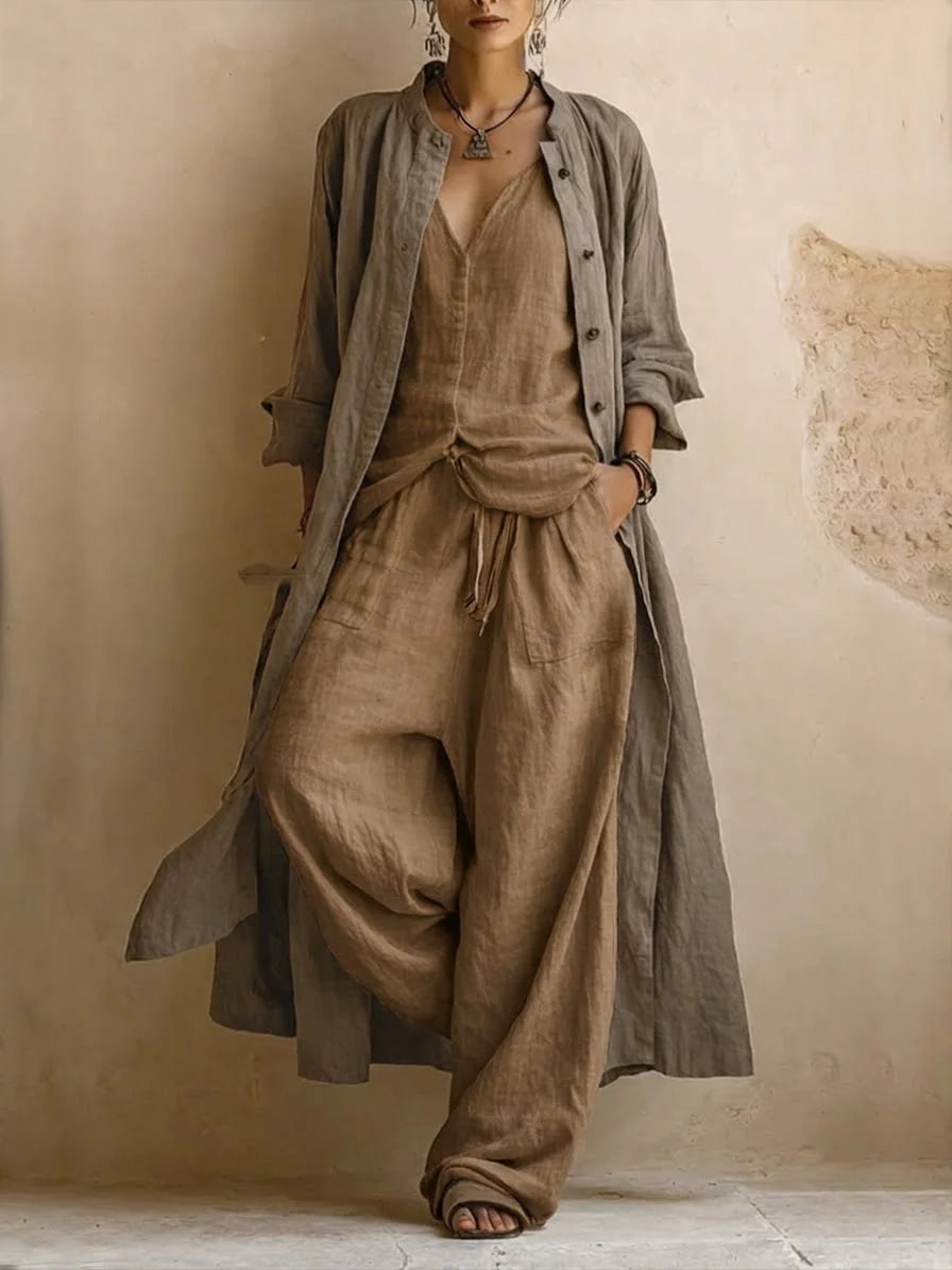Brown Women's Linen Three-Piece Set — Pearl Bohemian Duster Wide-Leg - Front Pose