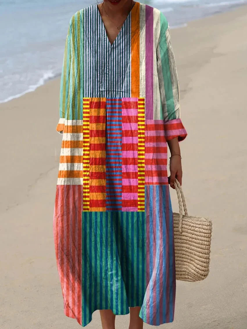 Multicolor Women's Colorful Striped Beach Dress — Liv Bohemian V-Neck Maxi - Front Full