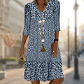 Women's Blue Floral V-Neck Midi Dress — Stevie Tiered Bohemian