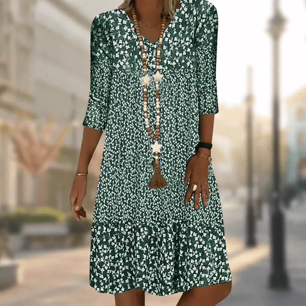 Green Women's Blue Floral V-Neck Midi Dress — Stevie Tiered Bohemian - Front Styled