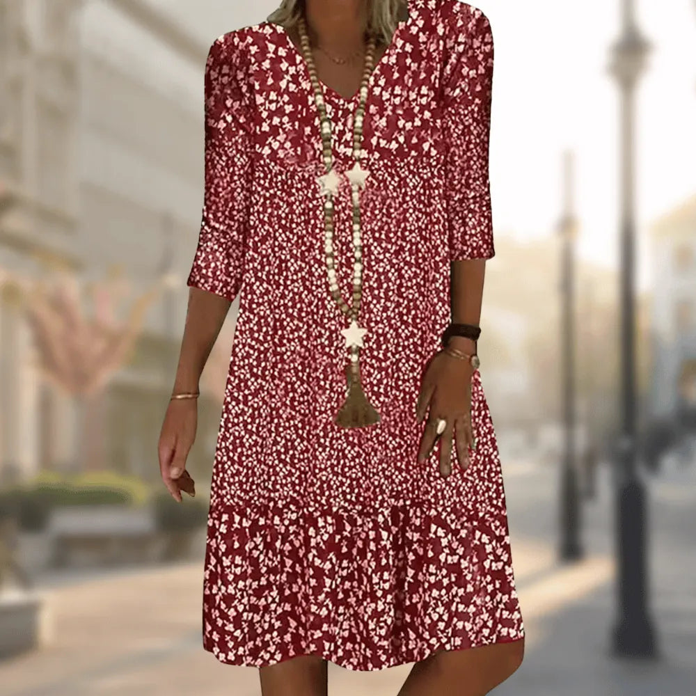 Red Women's Blue Floral V-Neck Midi Dress — Stevie Tiered Bohemian - Front Pose