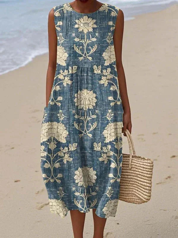 Blue Women's Boho Sleeveless Midi Dress — Samantha Floral Patchwork - Front Full Medallion