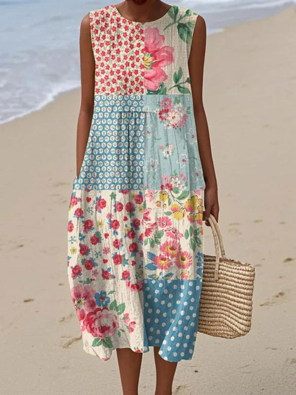Multi Color Women's Boho Sleeveless Midi Dress — Samantha Floral Patchwork - Front Full Patchwork