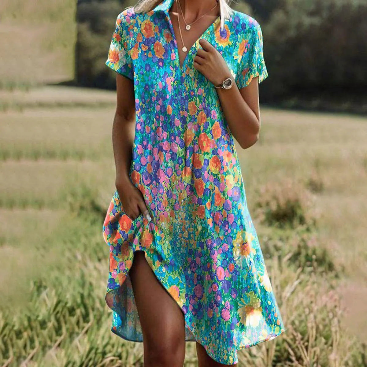 Multi Color Women's Boho Summer Maxi Dress — Honor Short Sleeve Casual - Front Full