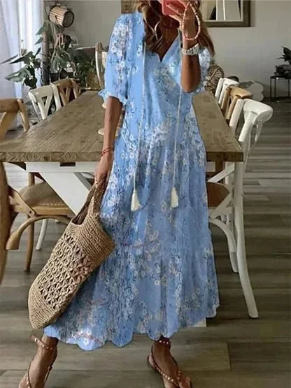 Light Blue Women's Boho V-Neck Beach Dress — Mira Diamond Print Maxi - Front Lifestyle