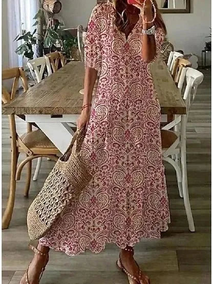 Red Women's Boho V-Neck Beach Dress — Mira Diamond Print Maxi - Side Pose