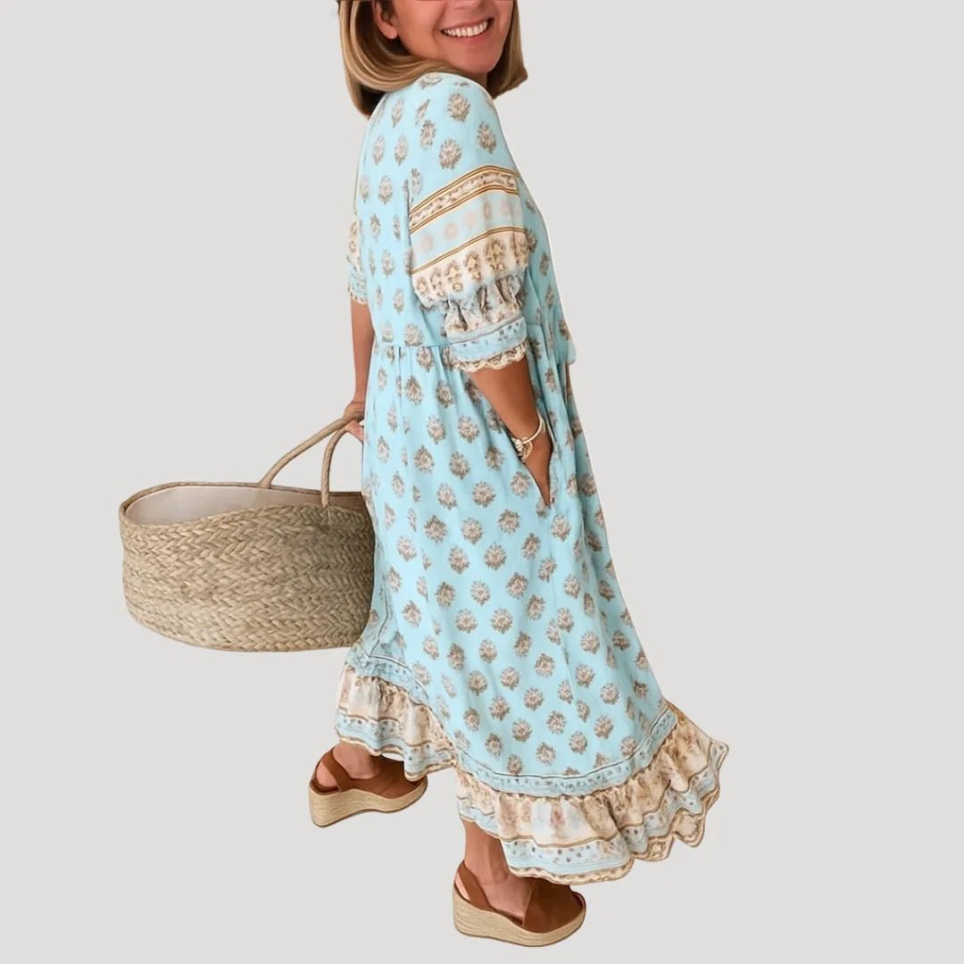 Grace | Boho V - Neck Tiered Beach Dress With Tassel Details - Light Blue - 2