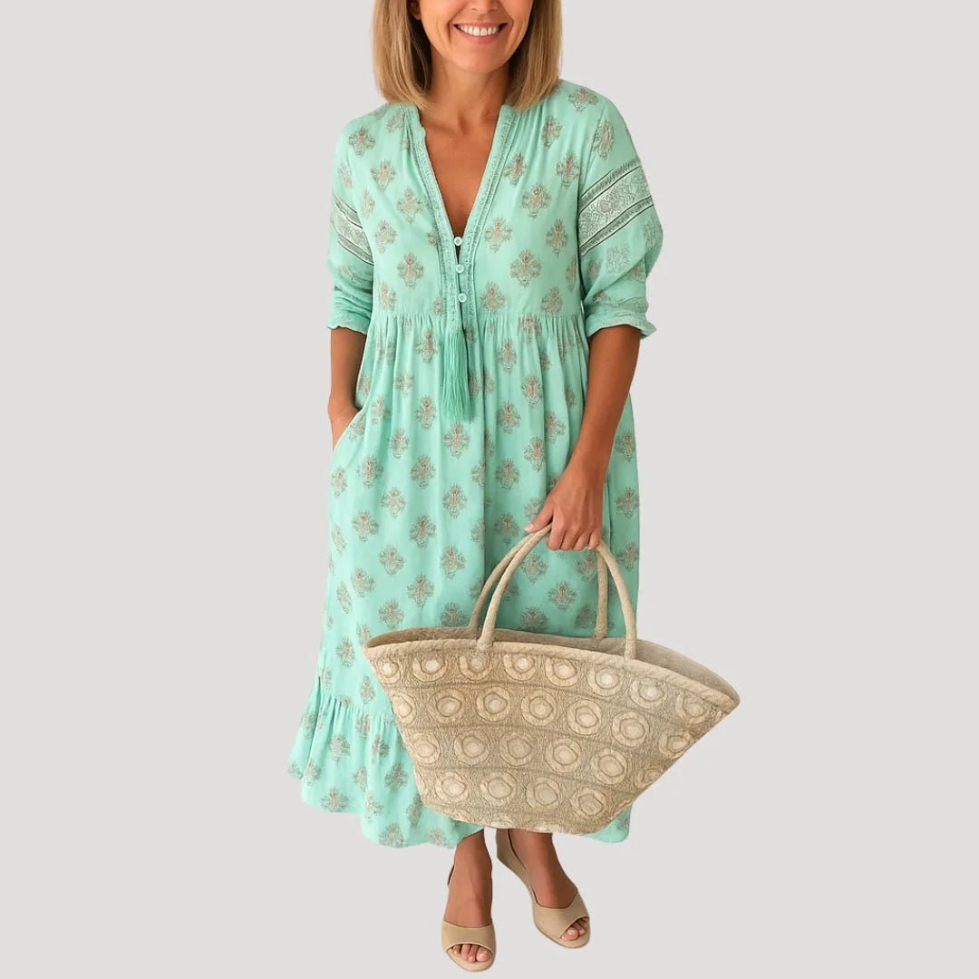 Elise | Stylish Boho V - Neck Tiered Beach Dress With Tassels - Mint - 3