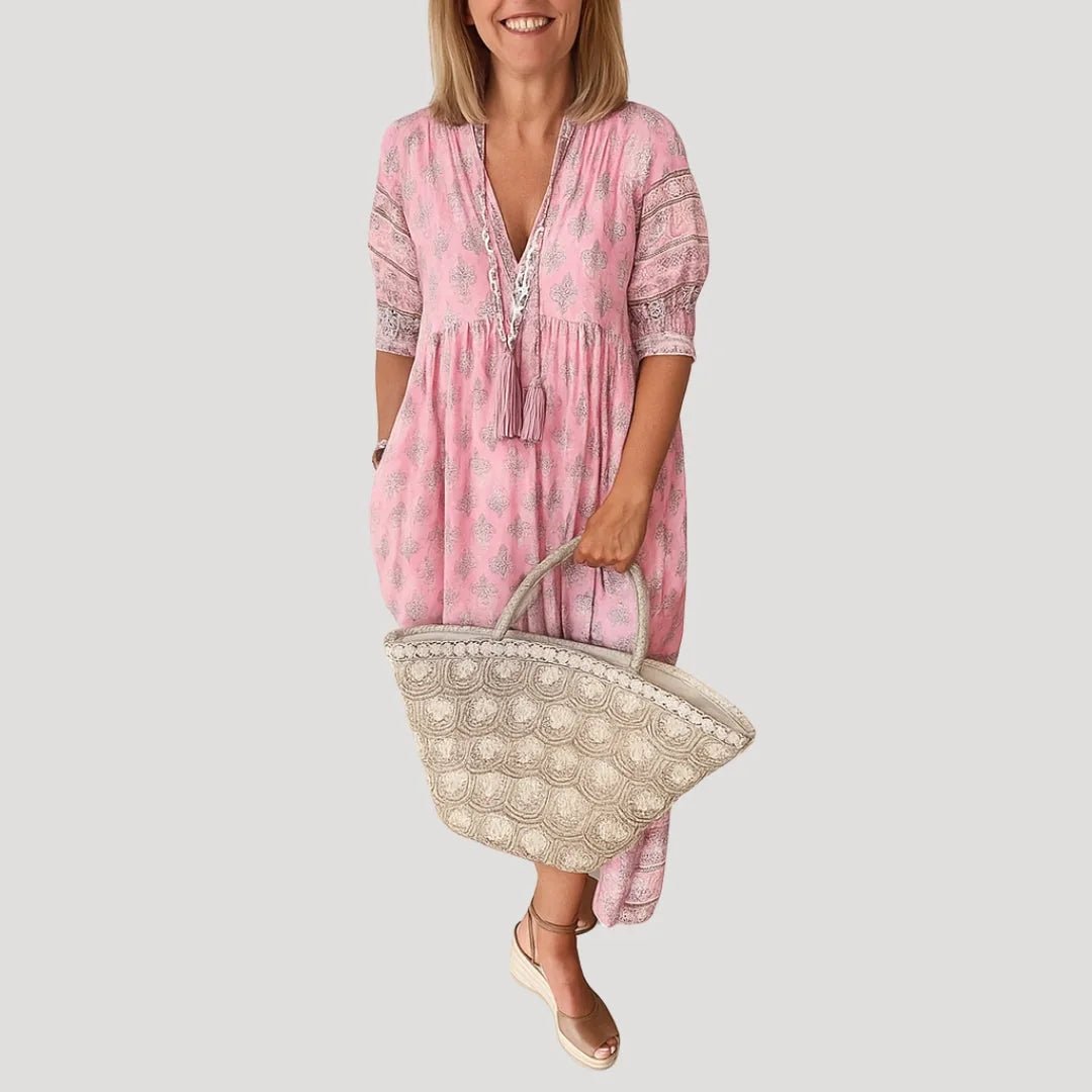 Elise | Stylish Boho V - Neck Tiered Beach Dress With Tassels - Pink - 7