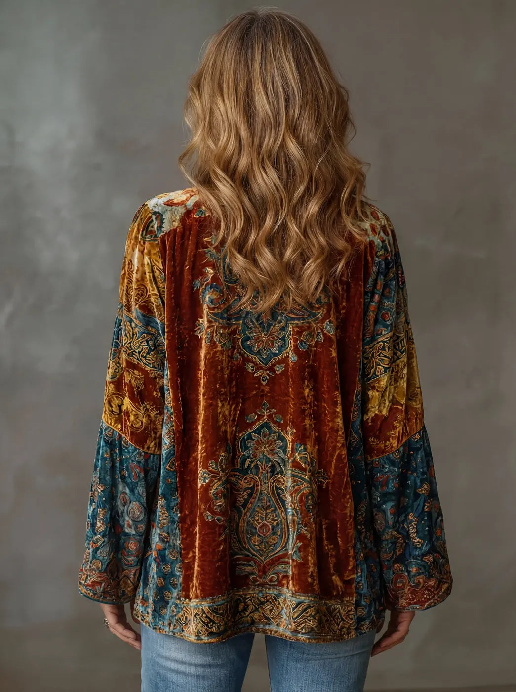 Burgundy Women's Boho Velvet Kimono Jacket — Maisie Printed Bell Sleeve - Back Full