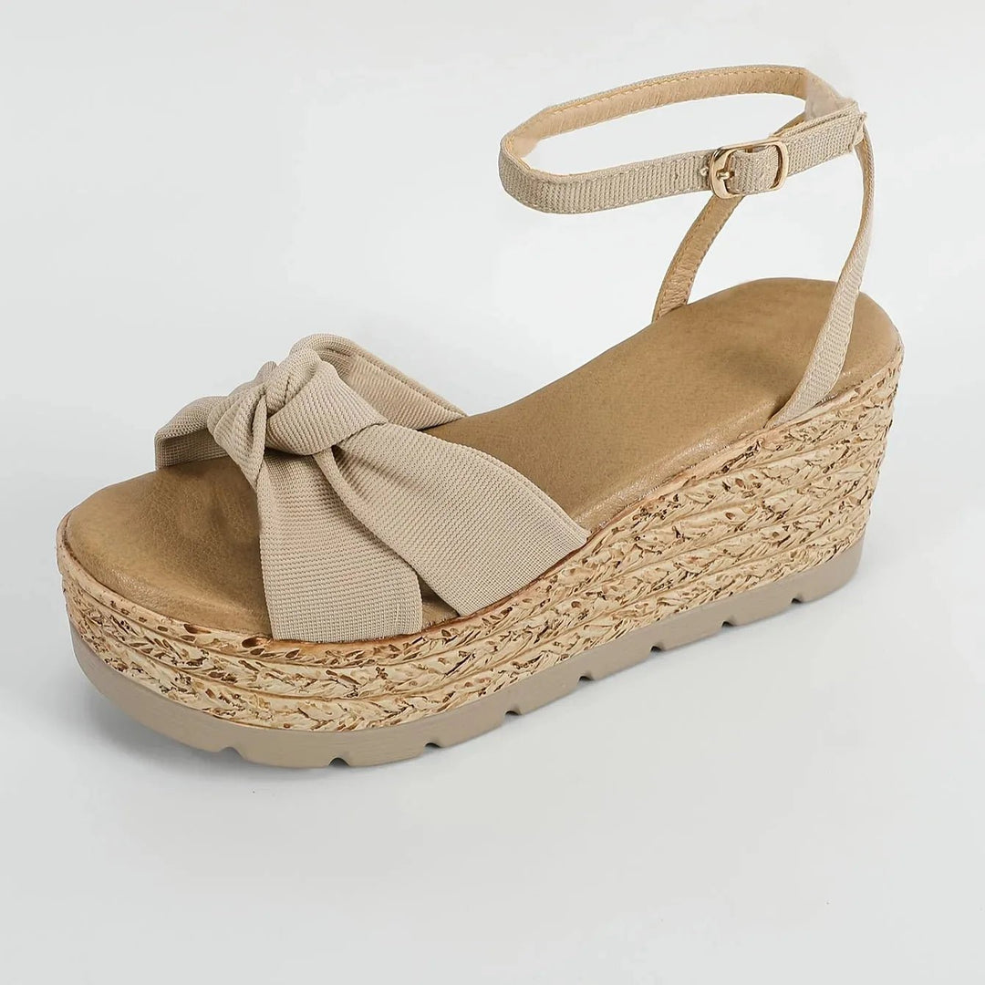 Hazel | Chic Bow Ankle Strap Wedge Sandals - Beige - 6