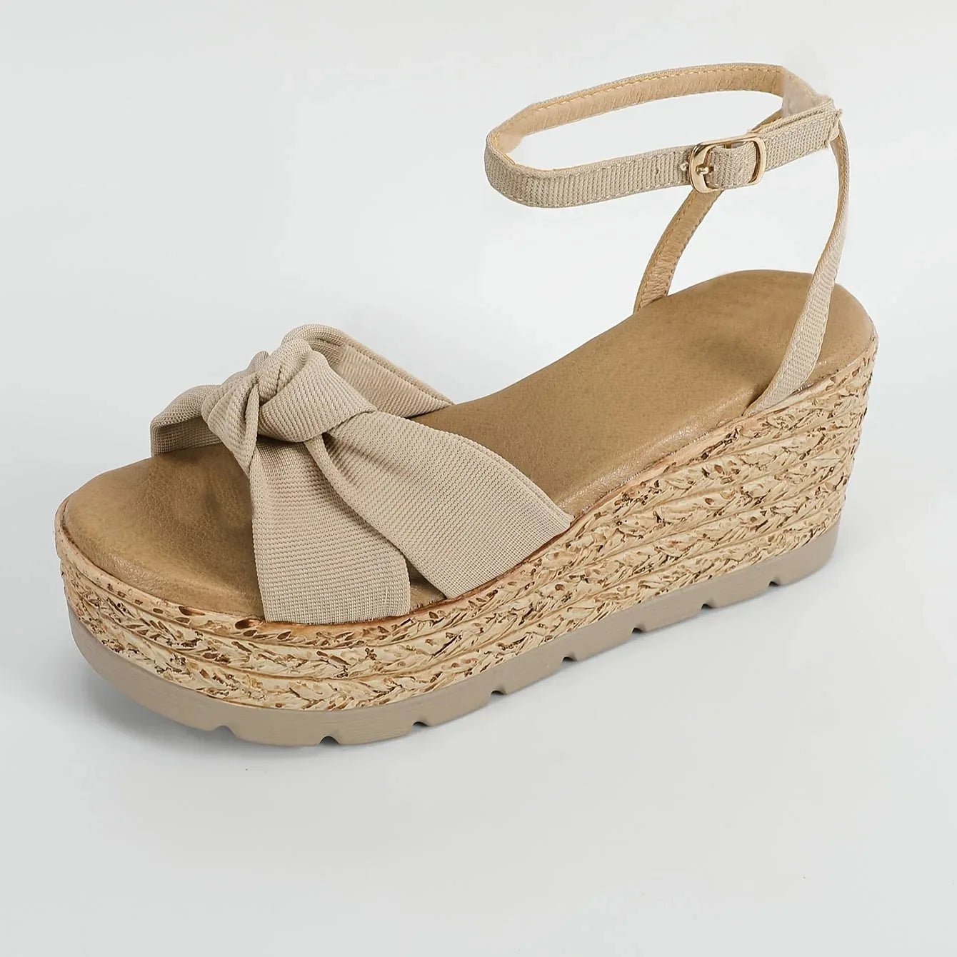 Hazel | Chic Bow Ankle Strap Wedge Sandals - Beige - 6