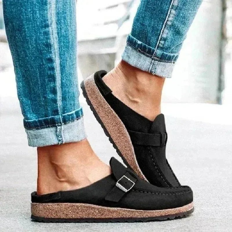 Rhea | Stylish Buckle Detail Clogs - Black - 8