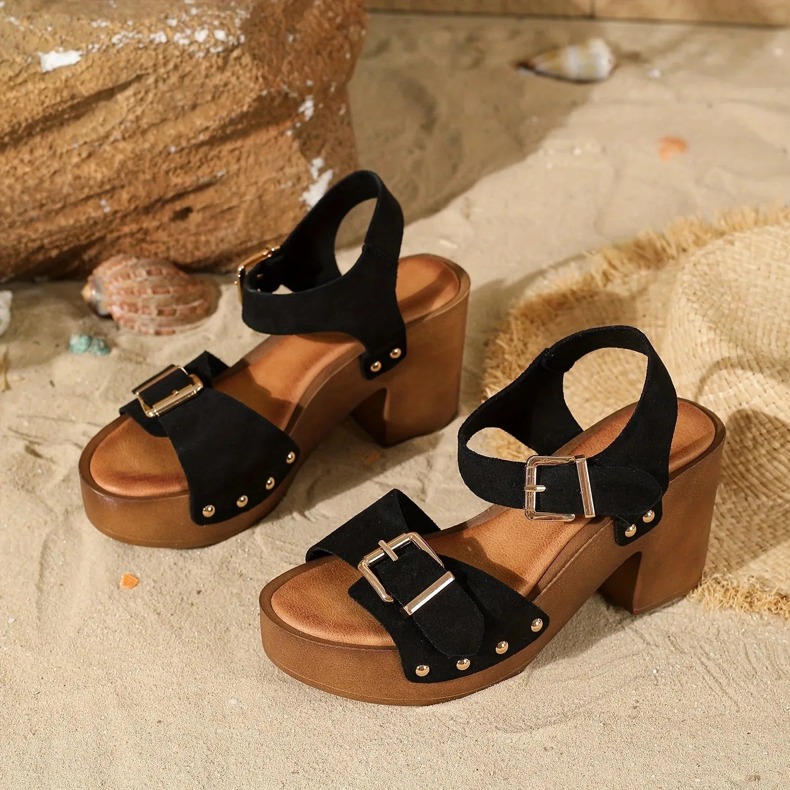 Harriet | Stylish Buckle Wedge Sandals with Platform - Brown - 4