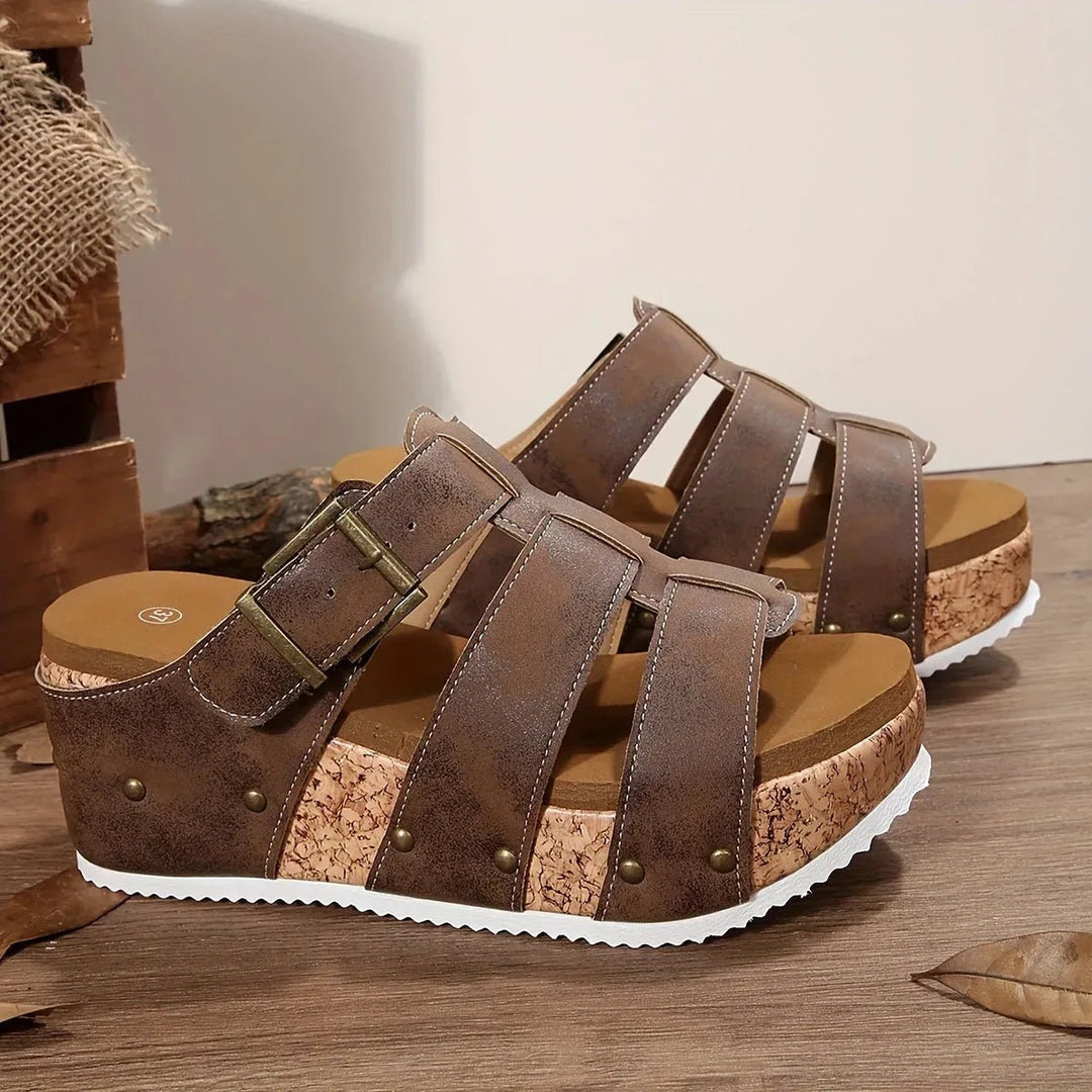 Maya | Stylish Buckle Strap Platform Sandals with Cork Wedge - Brown - 4