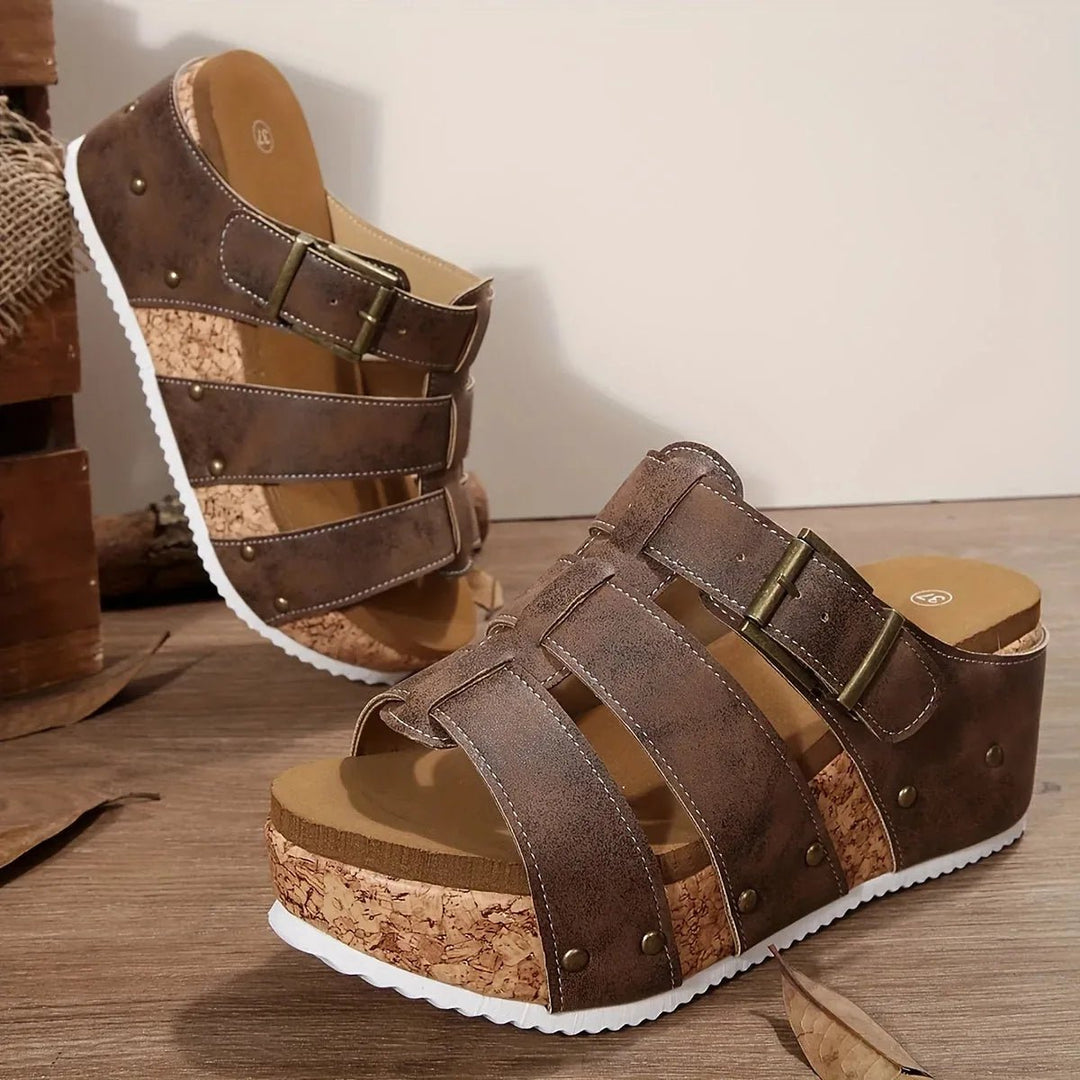 Maya | Stylish Buckle Strap Platform Sandals with Cork Wedge - Brown - 5