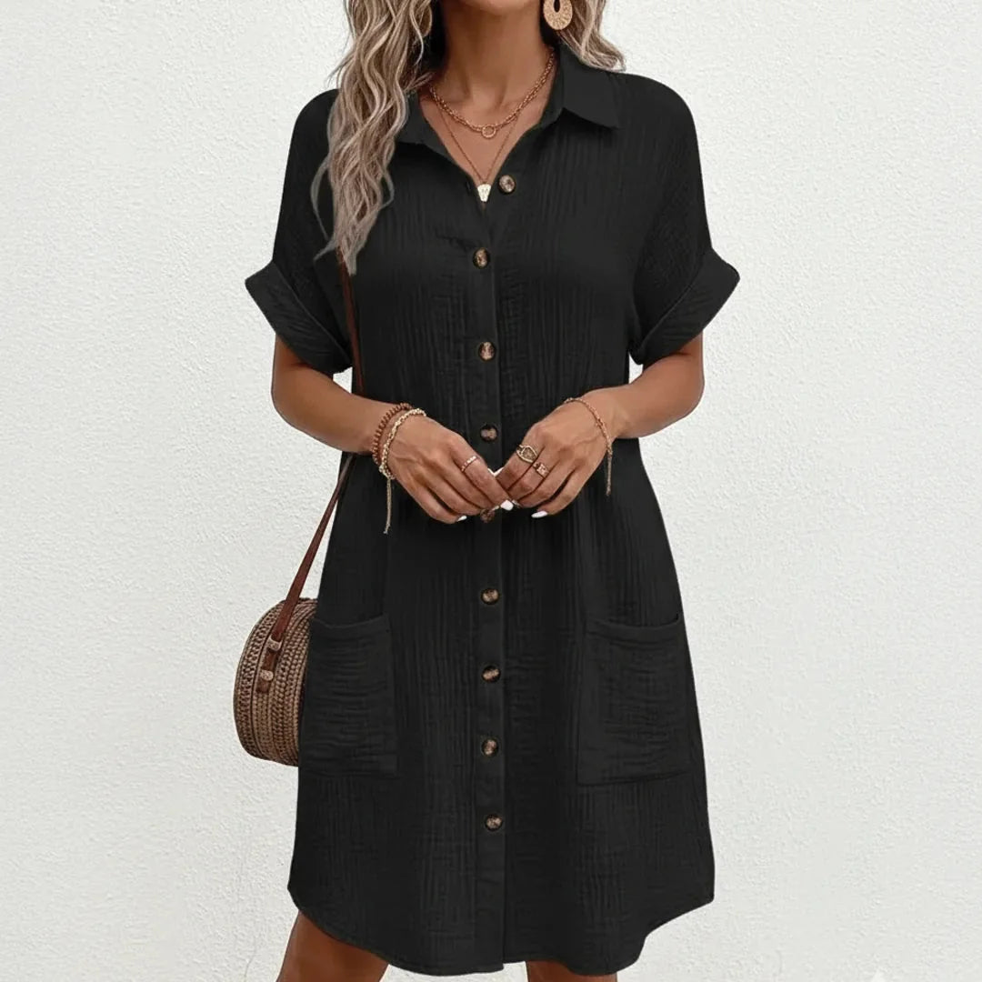Black Women's Button-Down Midi Shirt Dress — Eliza Lightweight Casual - Studio Full