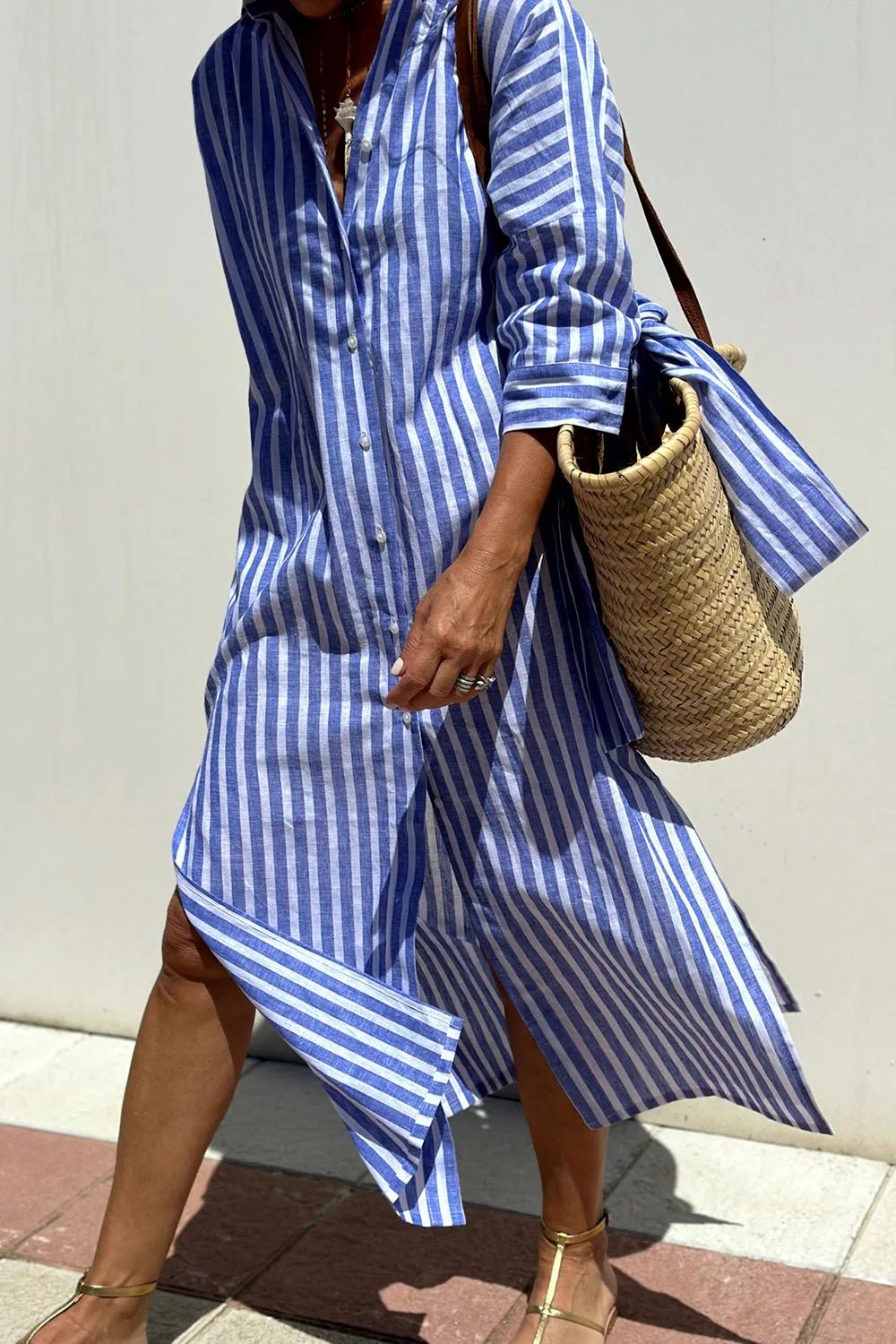 Juliet | Chic Striped Button - Down Midi Shirt Dress - Blue - 4