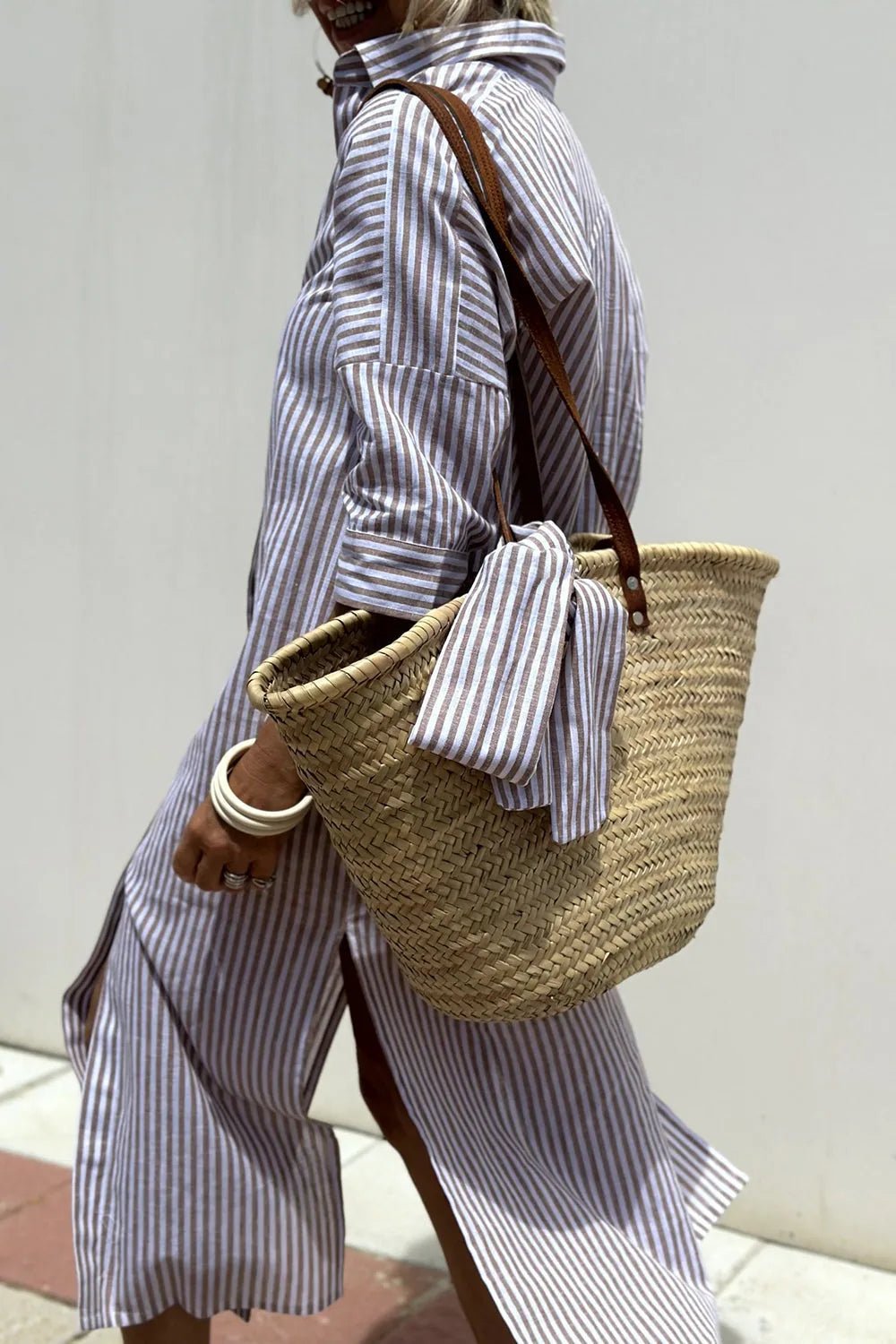 Juliet | Chic Striped Button - Down Midi Shirt Dress - Gray - 9