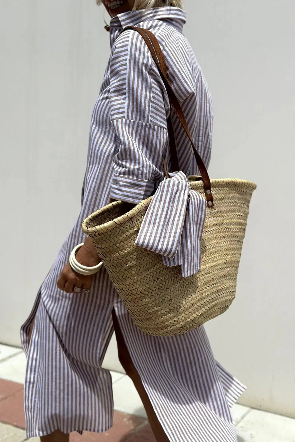 Gray Women's Striped Button-Down Midi Shirt Dress — Estella Relaxed Fit Casual - Back Full