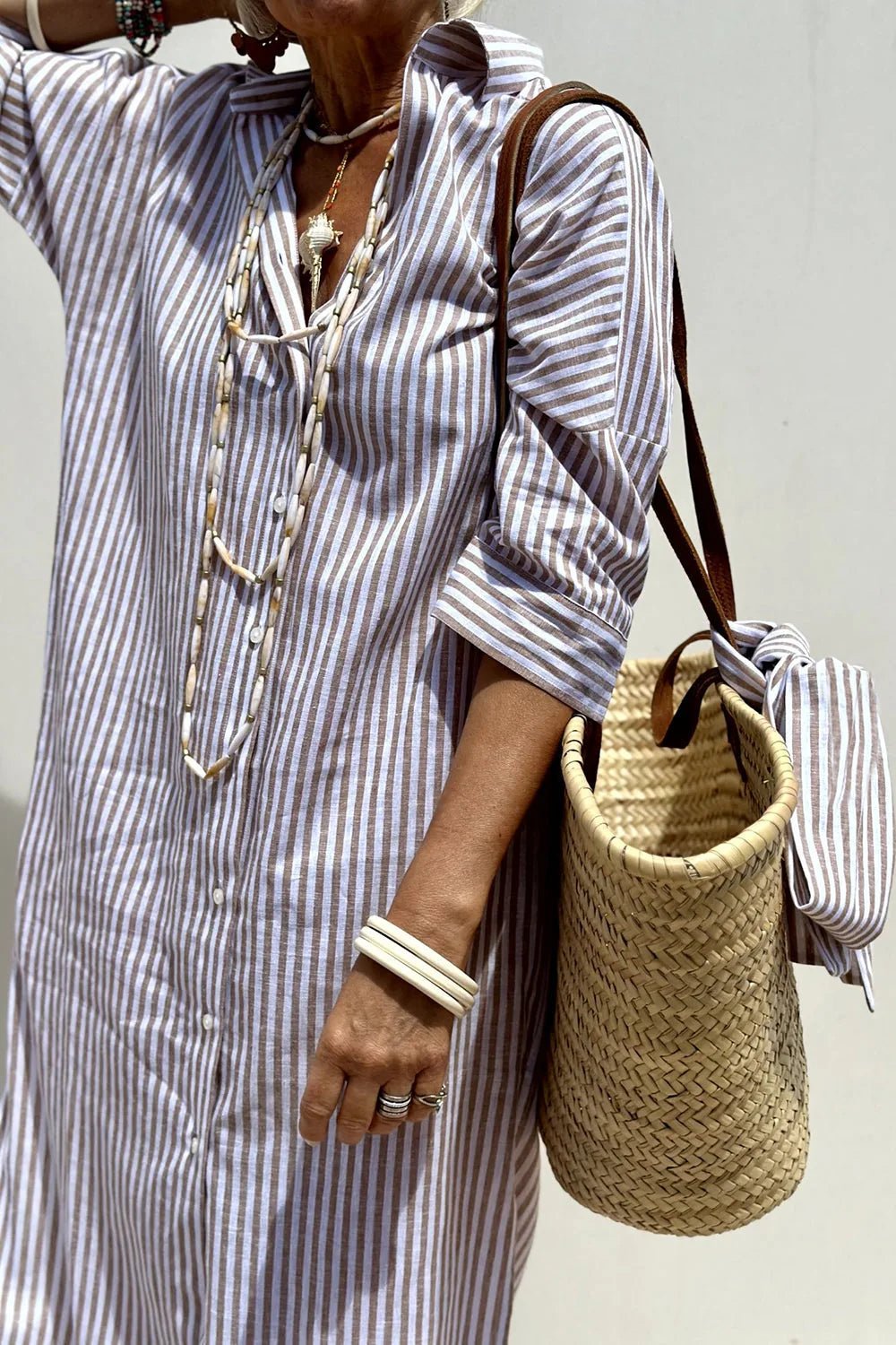 Juliet | Chic Striped Button - Down Midi Shirt Dress - Gray - 8