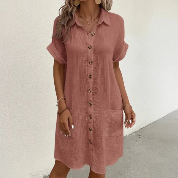 Pink Women's Button-Down Midi Shirt Dress — Eliza Lightweight Casual - Front Full