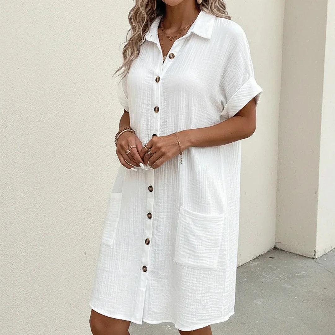 White Women's Button-Down Midi Shirt Dress — Eliza Lightweight Casual - Relaxed Styling