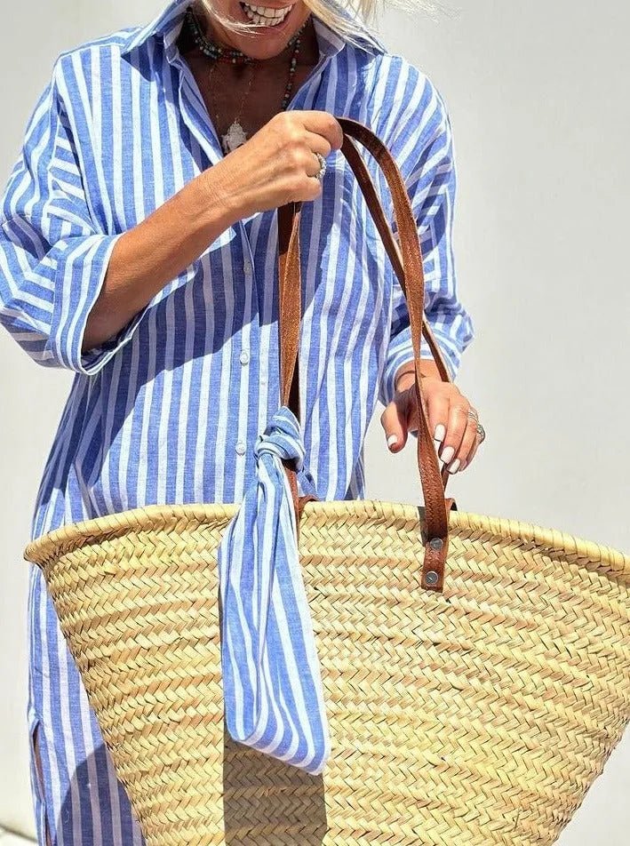 Harriet | Elegant Striped Beach Dress With Button Front - Blue - 5