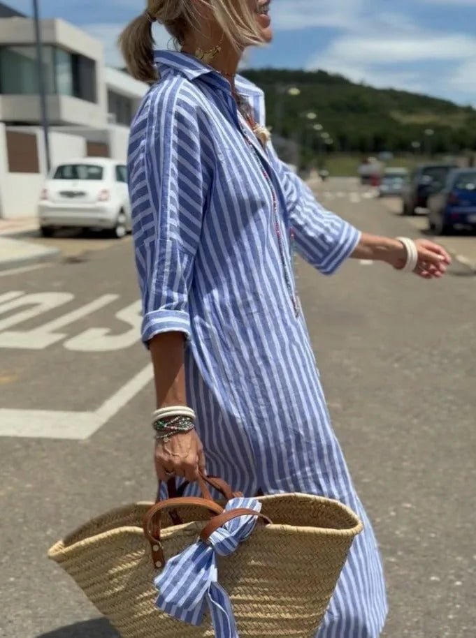 Harriet | Elegant Striped Beach Dress With Button Front - Blue - 6