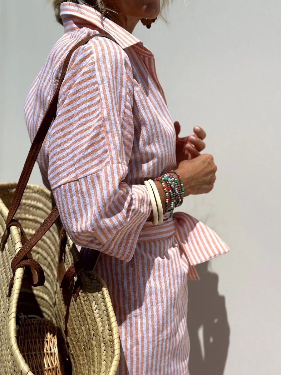 Harriet | Elegant Striped Beach Dress With Button Front - Pink - 4