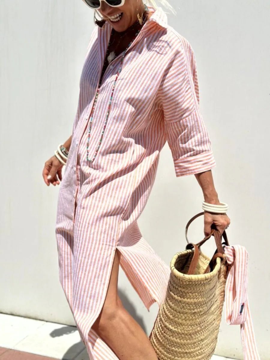 Harriet | Elegant Striped Beach Dress With Button Front - Pink - 3