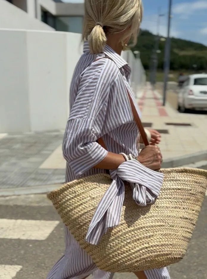 Harriet | Elegant Striped Beach Dress With Button Front - Purple - 1