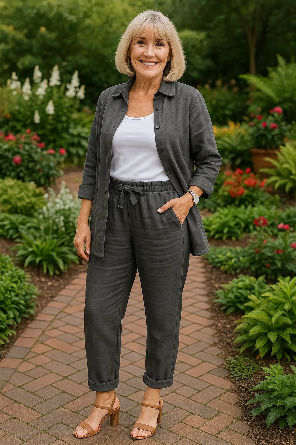 Grace | Linen Summer Co - Ord Everyday Set with Button - Up Shirt - Gray - 4