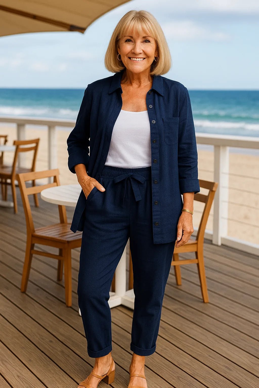Grace | Linen Summer Co - Ord Everyday Set with Button - Up Shirt - Navy Blue - 7