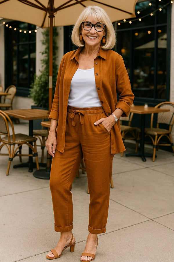 Grace | Linen Summer Co - Ord Everyday Set with Button - Up Shirt - Orange - 1