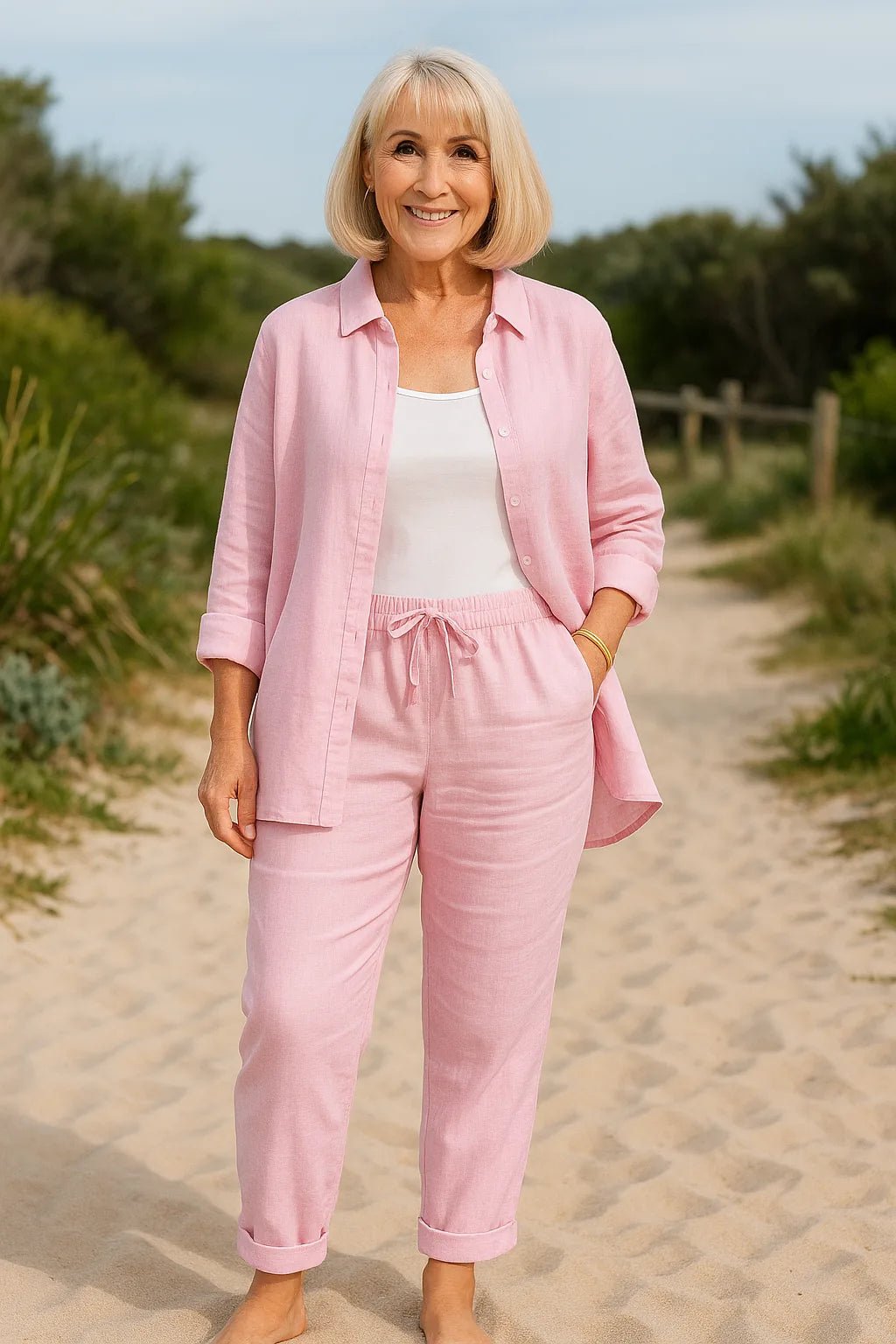 Grace | Linen Summer Co - Ord Everyday Set with Button - Up Shirt - Pink - 2