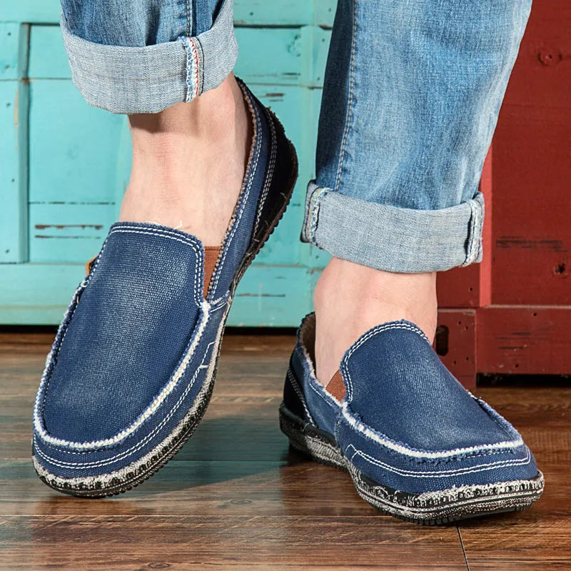 Blue Men's Canvas Casual Loafers — Tobias Slip-On Comfortable Espadrille - Worn Lifestyle