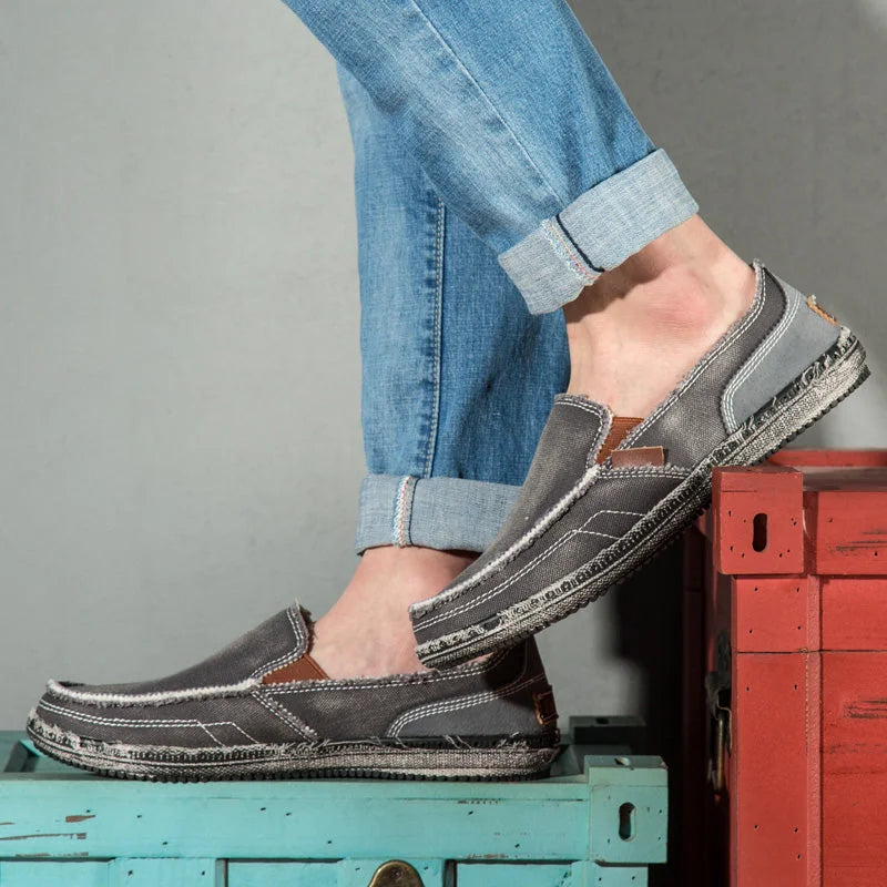Grey Men's Canvas Casual Loafers — Tobias Slip-On Comfortable Espadrille - Side Profile