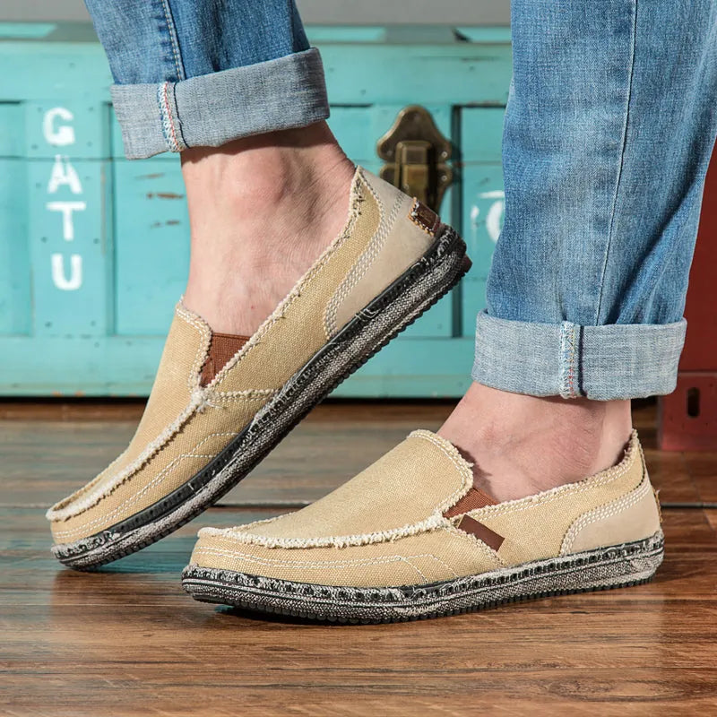Khaki Men's Canvas Casual Loafers — Tobias Slip-On Comfortable Espadrille - Front Full