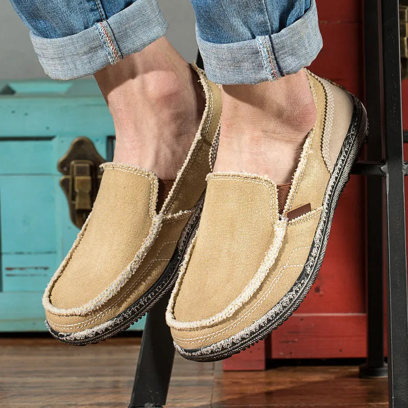 Khaki Men's Canvas Casual Loafers — Tobias Slip-On Comfortable Espadrille - Side Pose
