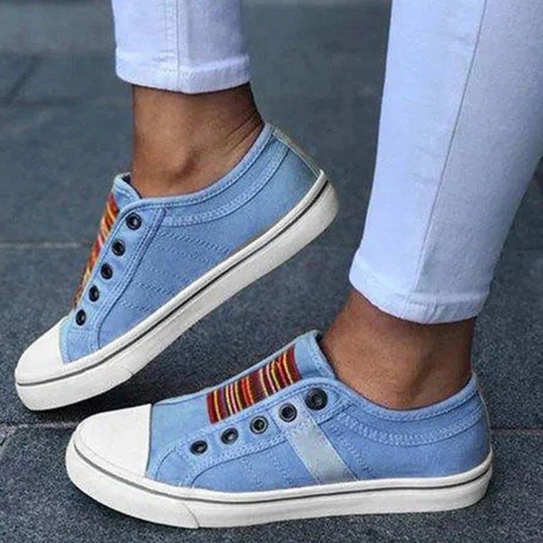 Elena | Women's Summer Slip On Sneakers with Rainbow Stripe Detail - Light Blue - 2
