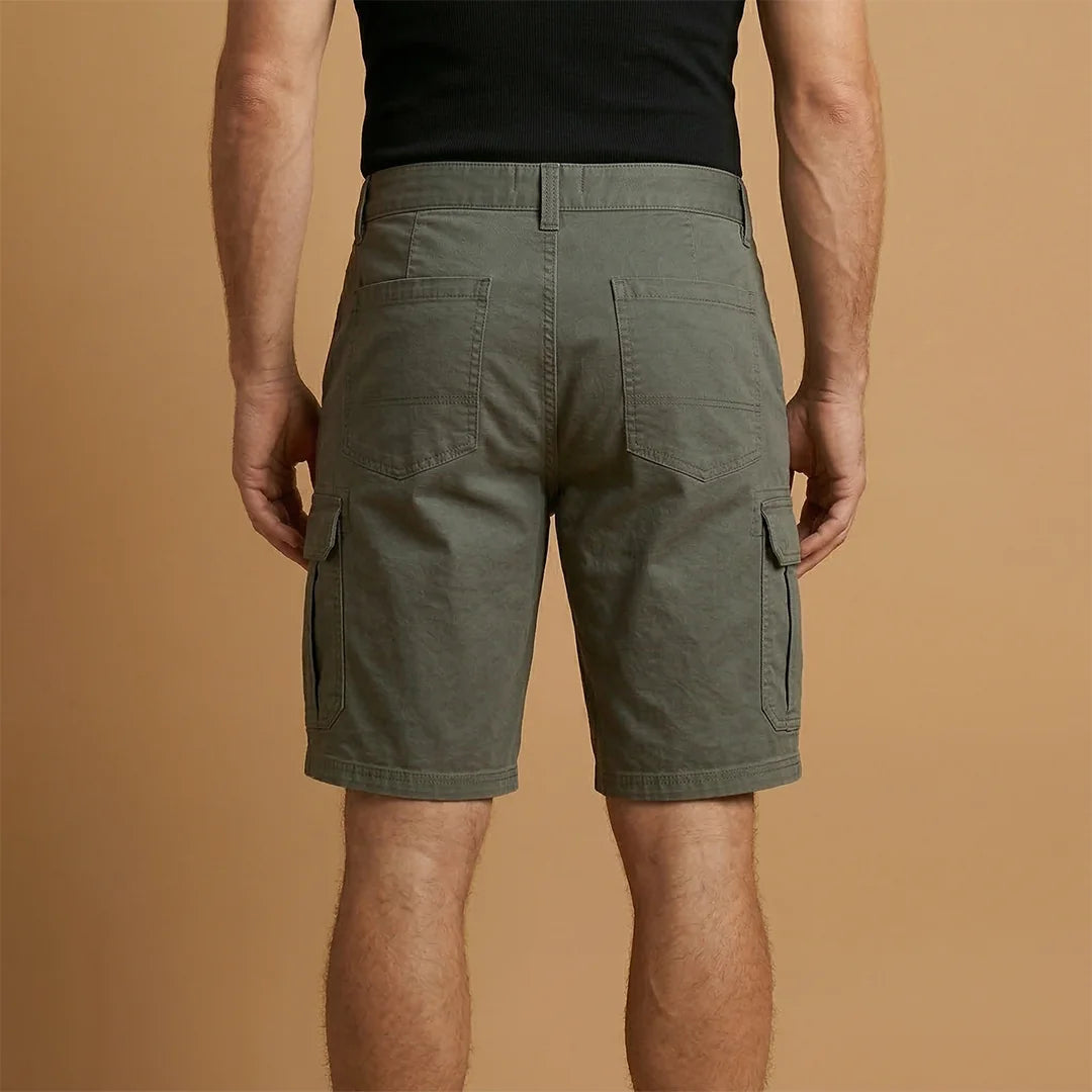 Military Green Men's Cargo Shorts with Pockets — Fletcher Cotton Canvas Multi-Pocket - Back View