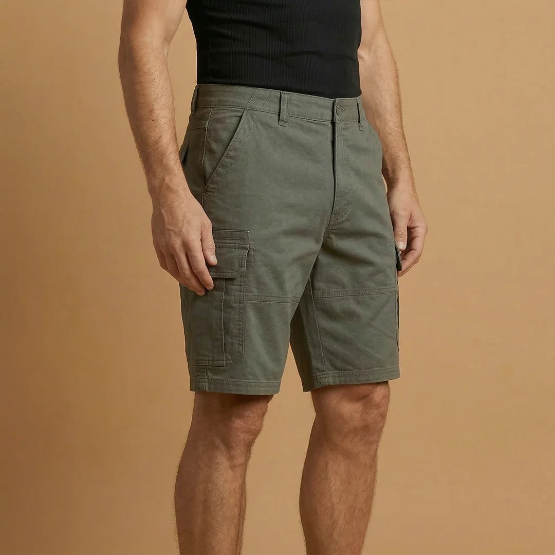 Military Green Men's Cargo Shorts with Pockets — Fletcher Cotton Canvas Multi-Pocket - Side Angle