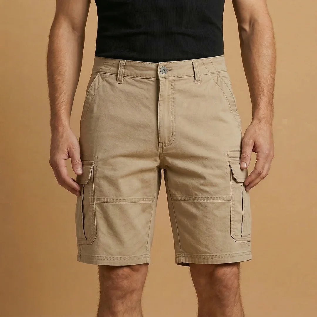 Tan Men's Cargo Shorts with Pockets — Fletcher Cotton Canvas Multi-Pocket - Front Pose